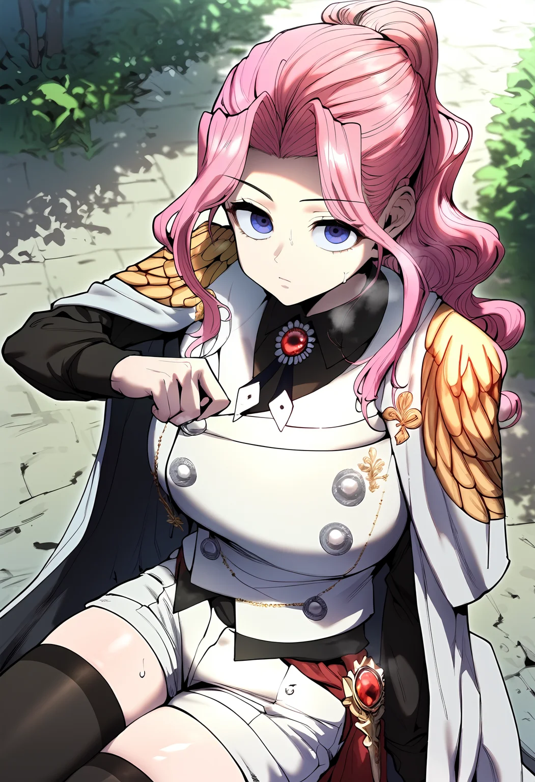 score_9, score_8_up, score_7_up, score_6_up, source_anime, rating_explicit, 1girl, (solo:1.2), huge breasts, <lora:Certiponyxl:1> pink hair, long hair, purple eyes, ponytail, sidelocks, white cape, brooch, gem, epaulettes, white vest, black shirt, long sleeves, collared shirt, buttons, short shorts, white shorts, black thighhighs, expressionless, Narrow shoulders, heavy breathing, steaming body, forest, outdoors, looking at viewer, close-up
