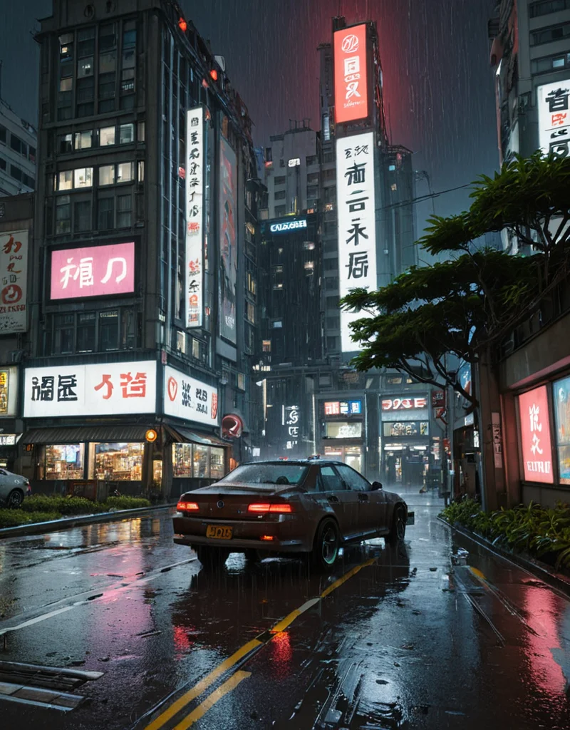 <lora:City_Worlds-1:1> realistic photo of citybkg, cyberpunk, night, detailed, street, car, futuristic, ground view, high buildings, building interior, billboard on building, signs, shop, kanji, illuminated, street marking, city lights, from side, rain, very wet, vegetation,