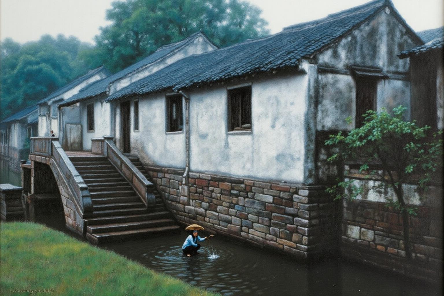 chenyifei2 painting.
A tranquil canal scene in a traditional village in Southern China. A quaint, weathered stone building with a worn, greyish-brown roof and white plastered walls, showing cracks and patches of moss. There is a stone starcase leading to the canal, at the bottom of the staircase, a woman is squatting beside the canal, washing her laundry, with a parasol on her back.
 <lora:chenyifei2_cap_d6a3:1.0><lora:839854140319346619:0>