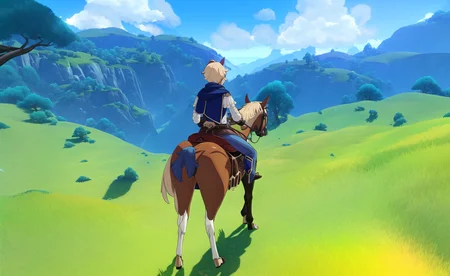 wral, masterpiece, best quality, horse, horseback riding, outdoors, sky, riding, blonde hair, multiple boys, cloud, day, 2boys, cape, mountain, male focus, saddle, scenery, hood, from behind, short hair, boots, blue sky, reins