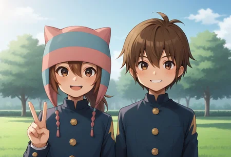 score_9, score_8_up, score_7_up, source_anime, highly detailed, 2boys,
matsuno, 1boy, male focus, brown hair, ponytail black eyes, hat, animal hat, BREAK
handa, 1boy, male focus, brown hair, hair between eyes, brown eyes, BREAK
school uniform, gakuran, jacket, blue jacket, long sleeves, buttons, pants, blue pants, upper body, smile,
outdoor, looking at viewer, v sign,