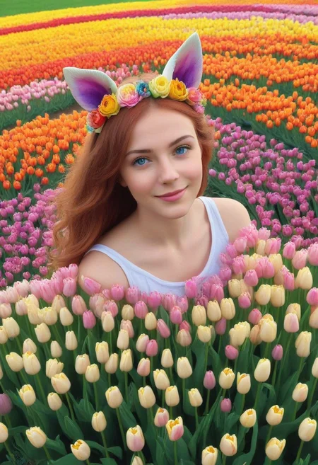 (umamusume, rhein_kraft_(umamusume), horse_ears, horse_girl, tail, 1girl, ahoge, animal_ears,)
casual, field, flower, flower_field, green_eyes, hair_between_eyes, hair_ornament,
head_wreath, looking_at_viewer, solo, aesthetic, absurdres, symmetric ,spiralling vortex made of multicoloured tulips, lush foliage sunrise, ripples, reflective, jaynl-tm, rainbow, , g0ldsw0rthy,
(realistic, photo, artistic, medium_hair, one_eye_closed, petals, relaxing, smile, : 0.7)