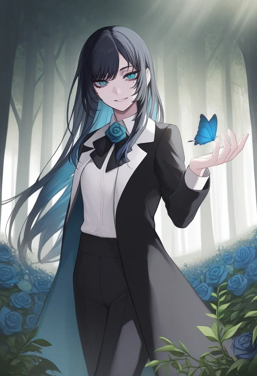 1girl, solo, chando, long hair, flower brooch, blue eyes, mole under eye, blue hair, multicolored hair, blue flower, blue rose, white shirt, collared shirt, black coat, black bowtie, black pants,
smiling, holding hand out, reaching for butterfly, bright expression, forest clearing, sunlight streaming through trees, wildflowers, leaves, calm atmosphere, mid shot
, <lora:Character_Ado - Chando:0.8>