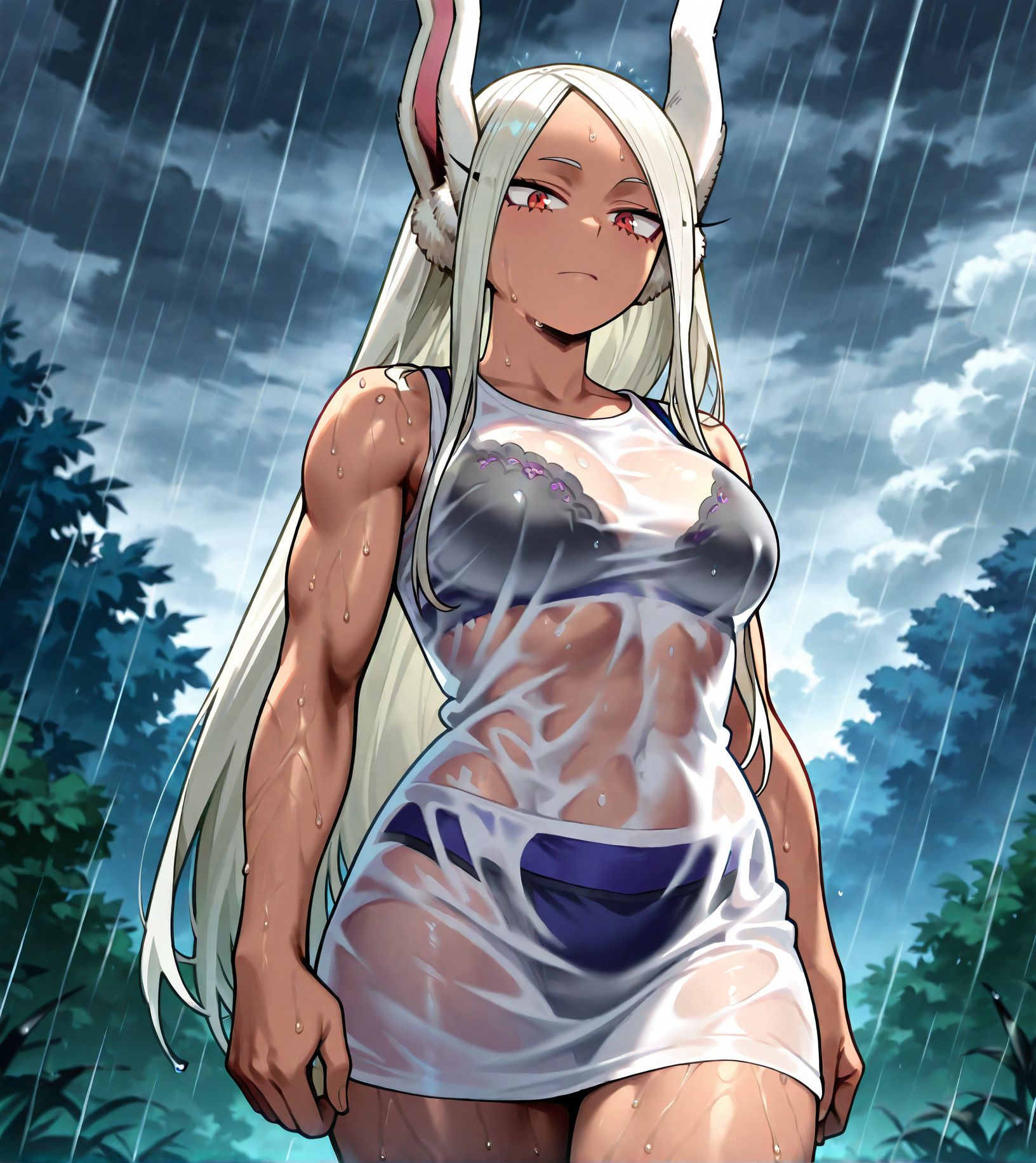 masterpiece best quality newest absurdres highres detailed eyes beautiful detailed background perfect eyes anime coloring anime screencap<lora:add-detail-xl:0.5>,
<lora:sheer_clothing:0.9>,sheer_clothingV1,
1girl,solo,underwear,bra,see-through,breasts,
sheer clothing with visible bra,wet, 
sheer skirt with visible panties,
outdoors, rain,dark,cloudy sky, 
BREAK
mirko, 
boku no hero academia, official art, 
mature female, 20YO,