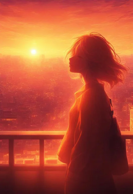 backlit, backlighting, colorful sunset, 1girl, city,