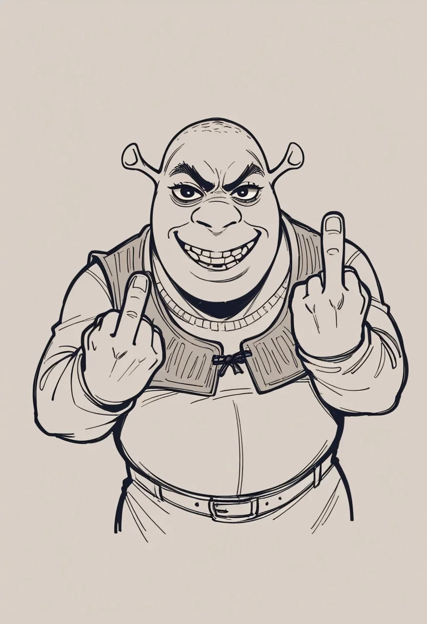 , score_9, score_8_up,score_7_up, source_furry, source_ anime, lineart, sketch, shrek, middle finger, wild smile, solo,
<lora:Potat-lineart_sketch_v1-USENEG:-0.85> <lora:Shrek_XLPD:0.8>