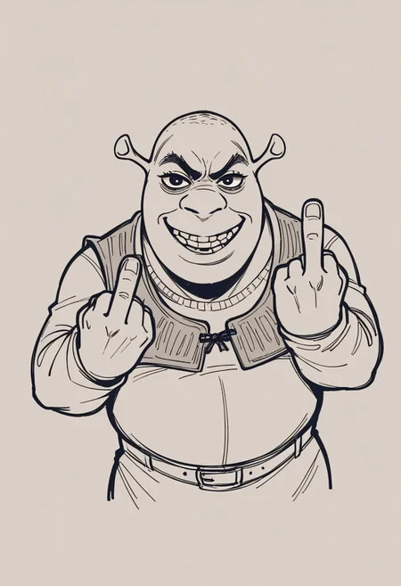 , score_9, score_8_up,score_7_up, source_furry, source_ anime, lineart, sketch, shrek, middle finger, wild smile, solo,
<lora:Potat-lineart_sketch_v1-USENEG:-0.85> <lora:Shrek_XLPD:0.8>