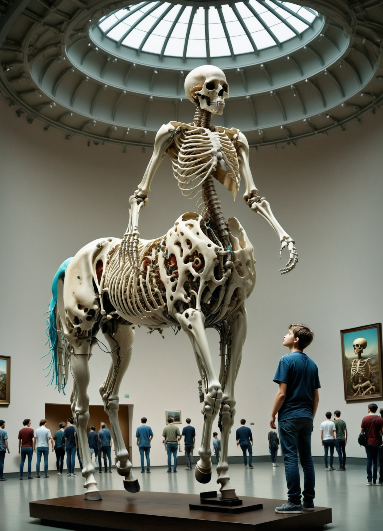 (centaur:1.5) skeleton, man-horse, in the museum, four legs, people around, High detail RAW color Photo, 8k, F2.8, RAW Photo,  <lora:centaurs_05_sdxl_pub:1>  <lora:YoshitakaSevesoXL:0.8>