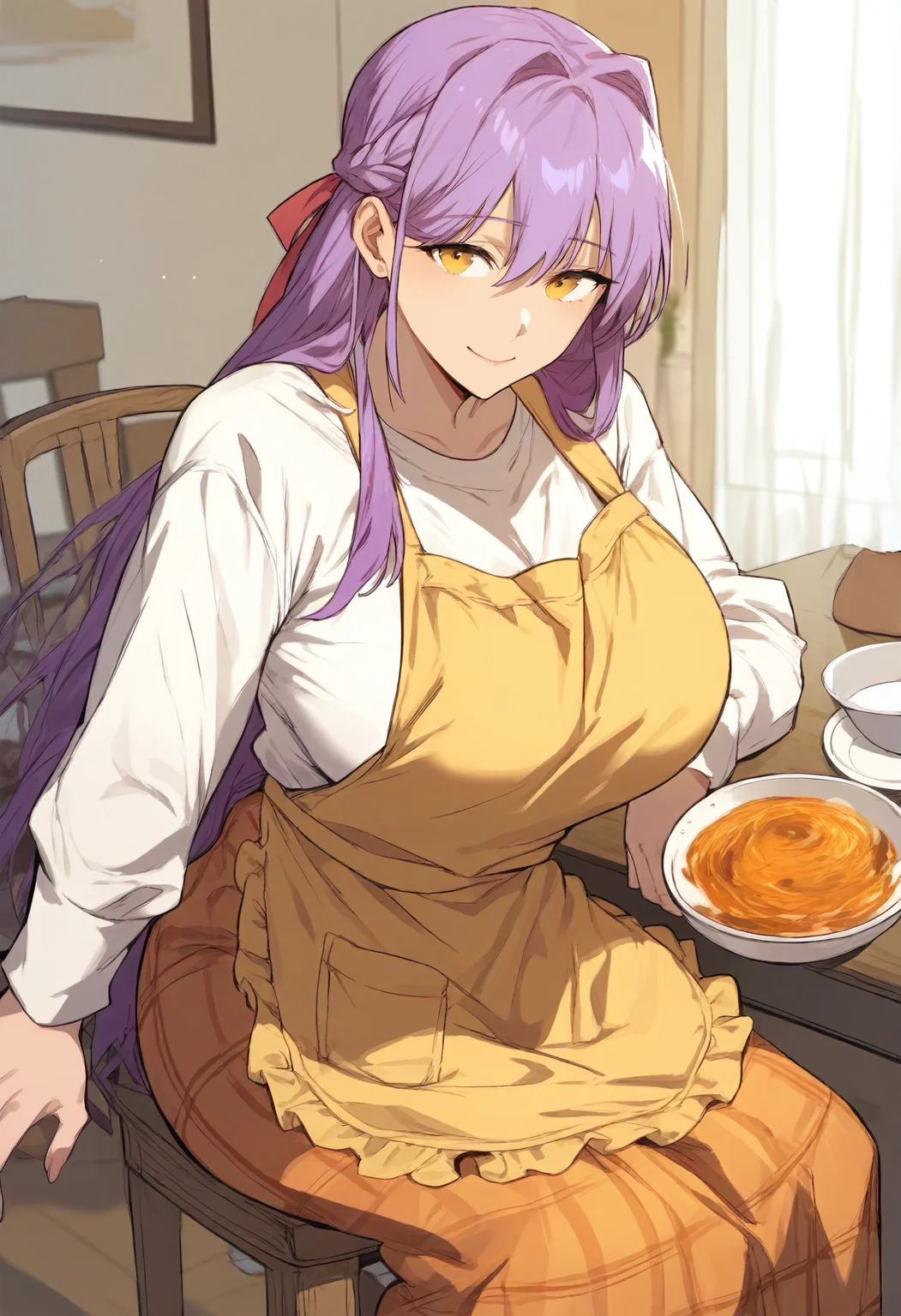 score_9, score_8_up, score_7_up, score_6_up, source_anime, rating_explicit, 1girl, solo, huge breasts,<lora:Han Seol Ah prefectPonyxl:0.9> purple hair, long hair, yellow eyes, french braid, hair ribbon, red ribbon, hair intakes, white shirt, t-shirt, yellow apron, plaid apron, long sleeves, orange skirt, smile, dining room, indoors, looking at viewer, sitting, large table, on chair, stew, bowl