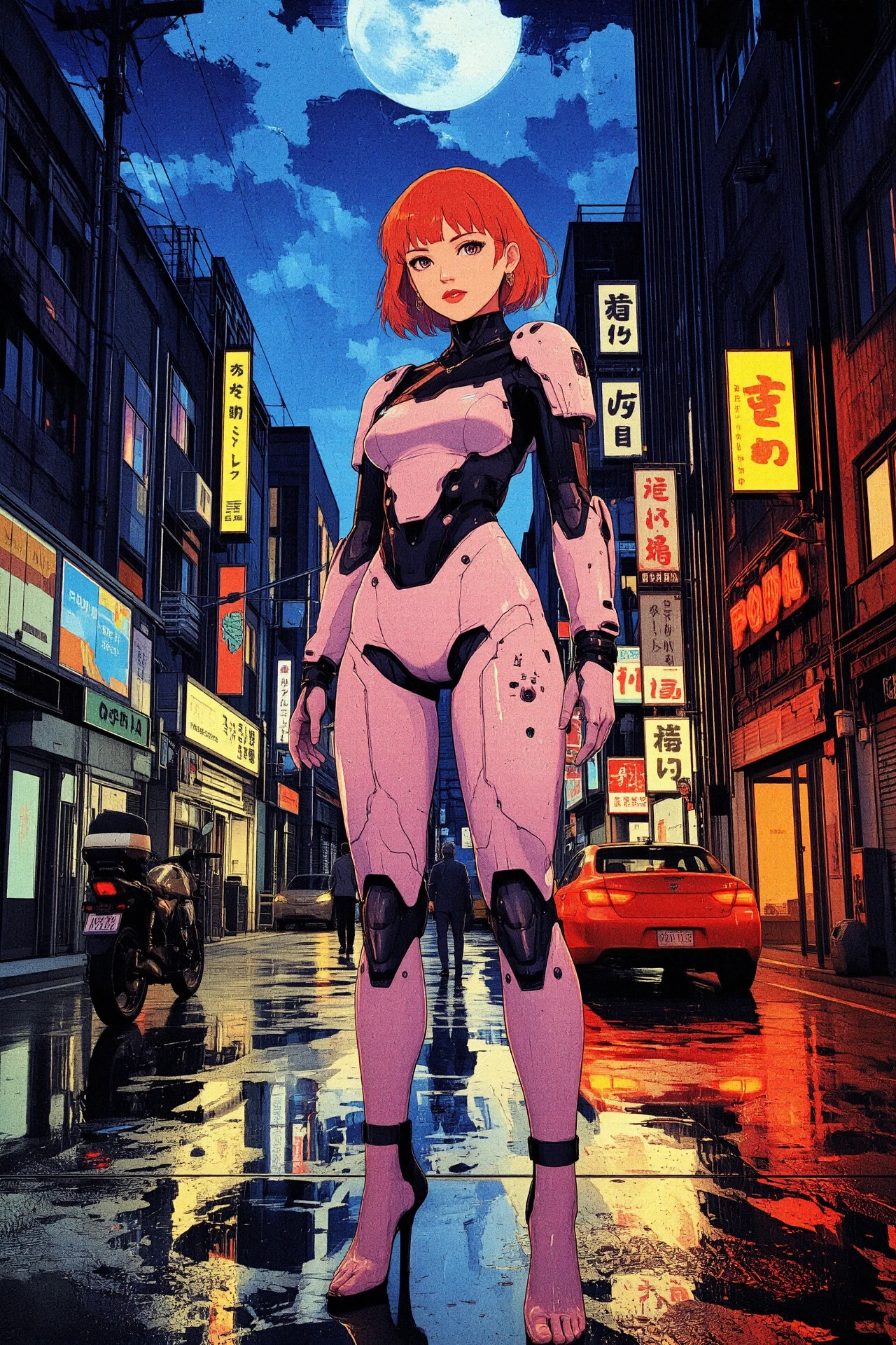 Japanese bob red hair (young woman), anime, illustration, cyberpunk, futuristic, (extremely detailed), (portrait), (standing:1.3), (happy smile), (beautiful cyberpunk tokyo buildings landscape), wet floor, windows, motorbike, car, moon in the sky, (bright neon lights), screen holograms, kanjis, raytracing, hdr, high contrast, ethereal cinematic lights, backlight, reflections, (legs), heels, (sharp focus), luminous Pearl Pink robot glossy brilliant armor, body lights, body circuits, glossy lipstick, necklace, mismatched earrings, colorful, retrowave, shadows, vibrant colors, pretty, beautiful, feminine, sexy, lovely, in love, adorable, fashion,  <lora:Hand v2:1> <lora:Anti-Blur:1> <lora:RetroAnimeFluxV1:0.4> <lora:CPA:0.8> <lora:Luminous_Shadowscape:0.4>
