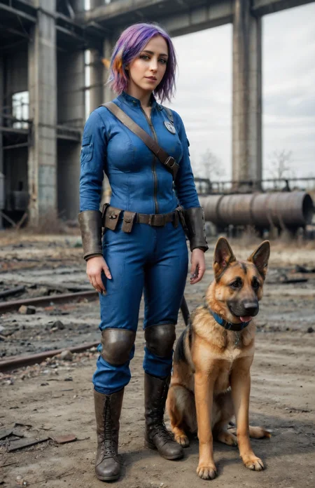 A full body photograph of a rainbow hair woman wearing a Vault Suit with Leather Armor in a abandoned power plant with a german shepherd <lora:Fallout_Vault_Suit-000008:0.5> <lora:PerfectEyesXL:0.8> perfecteyes
