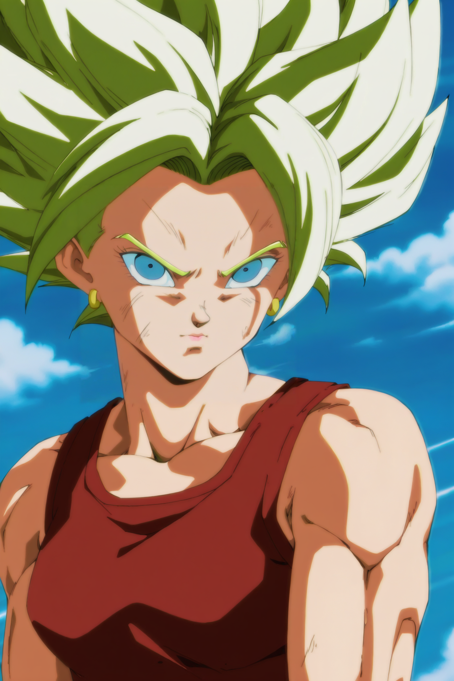 anime screencap, absurdres, high quality,
kale, super saiyan 2, tight, 1990s \(style\), anime coloring, retro artstyle, 1girl, solo, breasts, looking at viewer, blue eyes, dirty face, sky, outdoors, closed mouth, standing, upper body, hoop earrings, green hair, dirty, red crop top, muscular, spiked hair, muscular female, v-shaped eyebrows, arms at sides, bare shoulders
 <lora:kaleDBS_v1:0.8>