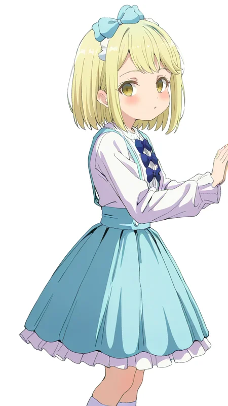 white_background,simple background,1girl,solo,looking_at_viewer,anime screenshot,sincos,<lora:Viena&Fiena_Illustrious_v1:1>,Fiena,blue bow,dress,long sleeves,white shirt,socks,white socks,standing,suspenders,shirt,skirt,blue dress,suspender skirt,looking_up,, masterpiece, best quality