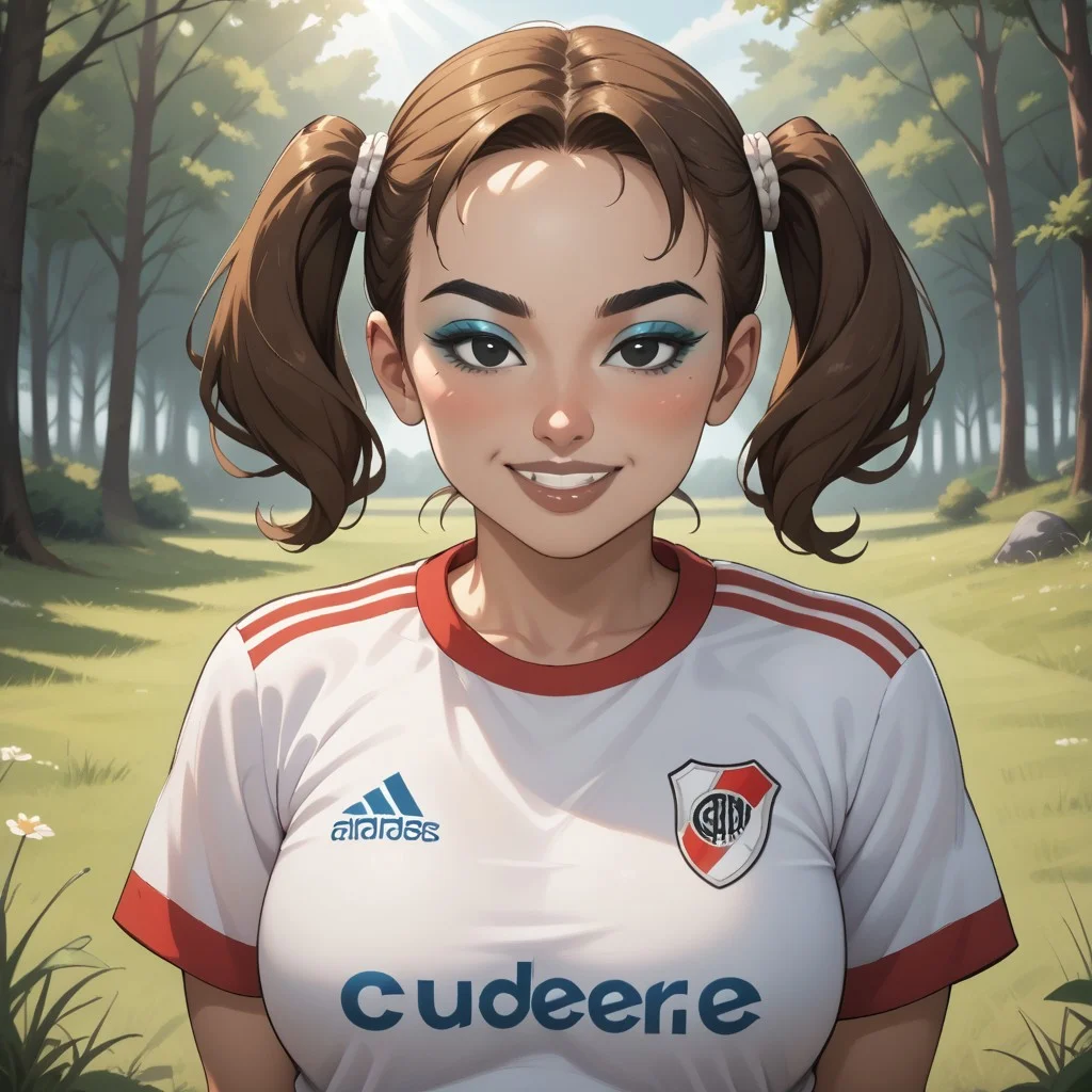 score_9, score_8, BREAK, solo, 1girl, female mii, brown hair, twintails, black eyes, black eyebrows, blue eyeshadow, makeup, blush, brown lips, lipstick, teeth, RiverPlate, striped shirt, striped, shirt, white shirt, short sleeves, clothes writing, sportswear, soccer uniform, big breasts, Yaami_(OC_Mii), plump, fat, chubby, sexy pose, self portrait, smile, looking at viewer, outdoors, sunlight, shadows, evening lighting, natural lighting, forest, trees, grass, orange sky, sunset