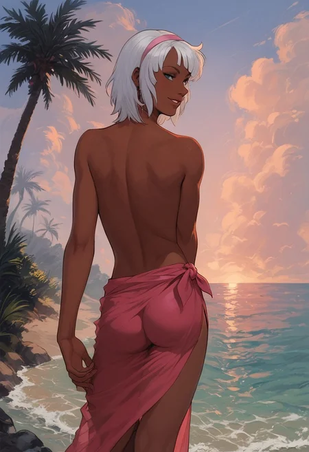 score_9, score_8_up, score_8_up, 1boy, sexy 18yo boy, loran, twink, androgynous, femboy, loran cehack, loran gundam, dark skin, white hair, blue eyes, white hairband, slender body, tropical beach, summer day, sunny day, hot, ocean, cute pert ass, posing, seductive, palm trees, slip crotch, smiling, ((shirtless)), sarong