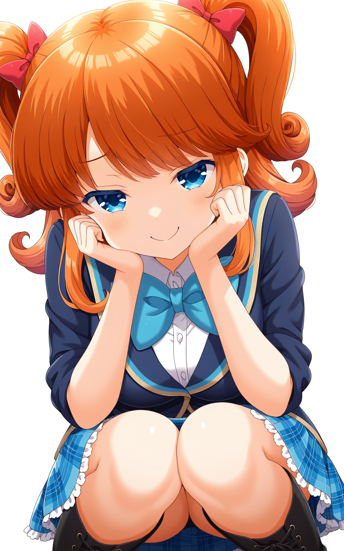 masterpiece,best quality,good quality,newest,4k,perfect lighting,cinematic,very aesthetic,official art,anime screencap,anime coloring,(((white background, simple background))),
1girl,solo,sagara emi,orange hair,long hair,twintails,bangs,hair bow,blue eyes,
seio school uniform,blue jacket,long sleeves,sleeves rolled up,blue bowtie,white shirt,blue skirt,plaid skirt,frilled skirt,miniskirt,black boots,knee boots,lace-up boots,full body,
naughty face,half-closed eyes,smug,looking at viewer,squatting,hands on face,head rest,knees up,knees together feet apart,close-up,BREAK
<lora:ILemi:1>