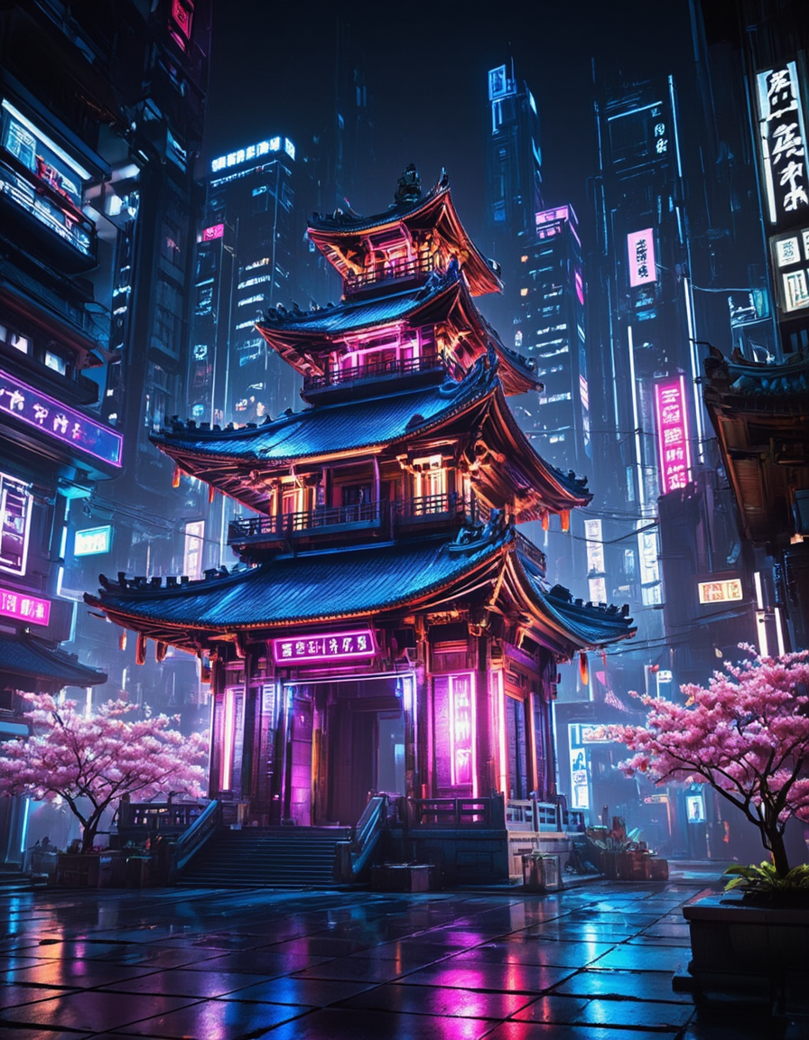 <lora:Cyberpunk_Temples_flux:1>  ct_flux, photo, A stunning blend of traditional East Asian architecture and a vibrant cyberpunk cityscape. At the center stands an ornate, multi-tiered pagoda with curved rooftops, richly detailed in wood and illuminated by vivid neon lights in magenta, cyan, and electric blue. Surrounding the temple are sleek skyscrapers towering into the night sky, each adorned with glowing signage in various Asian scripts, adding layers of cultural fusion and futuristic flair. The streets below glisten with reflections from the colorful lights, suggesting recent rainfall and enhancing the atmosphereâs depth and realism. Pink cherry blossom trees in bloom provide a delicate contrast to the technological environment, symbolizing beauty amidst progress. The composition balances nature and architecture, tradition and innovation, within a bustling metropolis that feels both distant and familiar. It evokes a world where ancient heritage harmoniously coexists with neon-lit advancement.