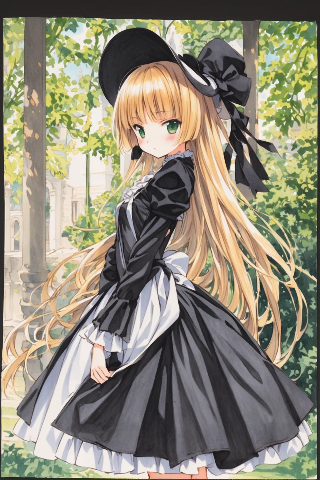 Victorique De Blois,1girl,solo,blonde hair,long hair,green eyes,black dress,blush,day,standing,hat,bonnet,traditional media,<lora:Hinata Takeda_XL:0.8>,