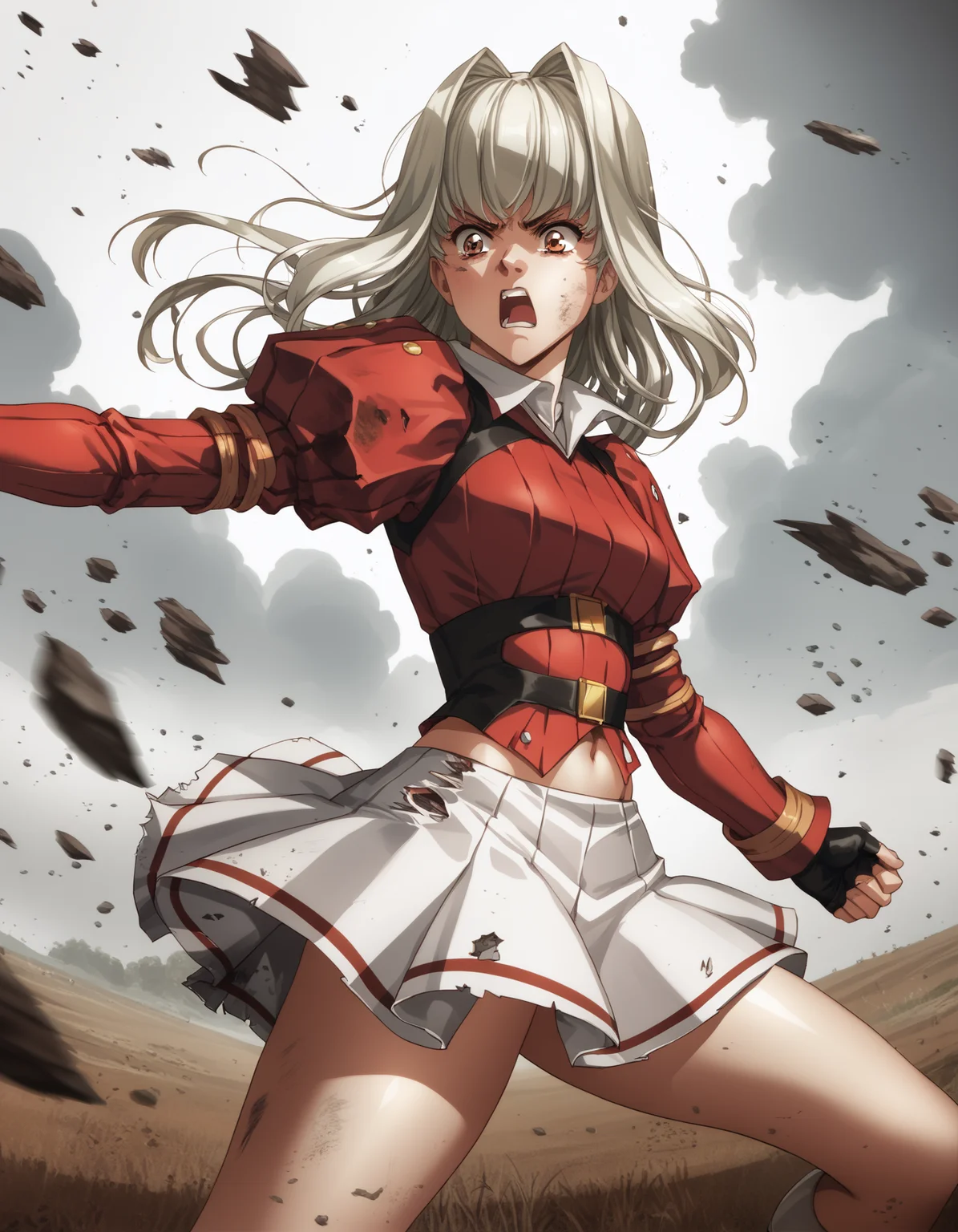 score_9, score_8_up, score_7_up
<lora:charlone-growlanser-ponyxl-000020:1> charlone claudius, red sleeves, red shirt, juliet sleeves, microskirt, white skirt, fingerless gloves,
1girl, dynamic, pose, angry, intense, battle damage, damaged, field, chaotic, light particles, dust cloud