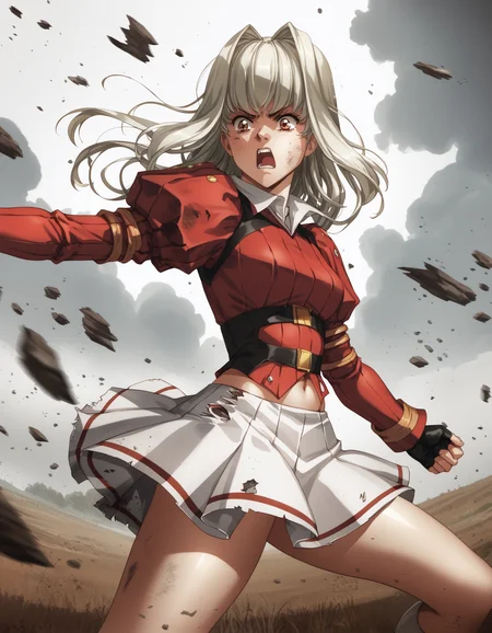 score_9, score_8_up, score_7_up
<lora:charlone-growlanser-ponyxl-000020:1> charlone claudius, red sleeves, red shirt, juliet sleeves, microskirt, white skirt, fingerless gloves,
1girl, dynamic, pose, angry, intense, battle damage, damaged, field, chaotic, light particles, dust cloud