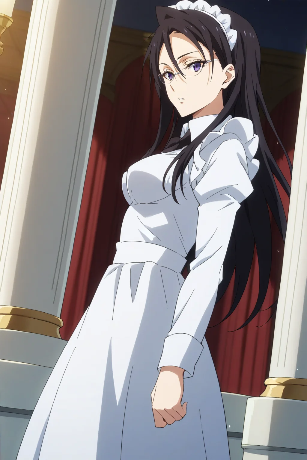 score_9, score_8_up, score_7_up, source_anime, 1girl, prefect lighting, very aesthetic, intricate details, highly detailed background, masterpiece, high quality, prefect hands, best quality, solo,
<lora:Hinata_Sakaguchi_Tensura_V1:.85>, KJOhinata, long hair, black hair, purple eyes, spiked hair,
maid, long skirt, glasses, long sleeves,
from side, expressionless, parted lips, cowboy shot, dutch angle, looking at viewer,
Inside, ballroom, pillars, crowded, night,
(Beautiful, medium Breasts:1.2), natural breasts,