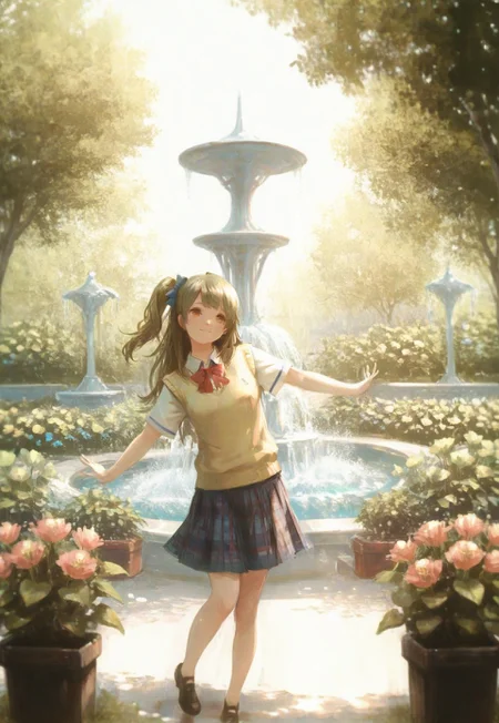 masterpiece, best quality, amazing quality,
1girl, (aged up:1.2), leaning forward, cute, smile, looking at viewer, head tilt, standing on one leg, outstretched arms, arms at sides, happy, excited,dappled sunlight,sun light,tree shadow, lovelive_kotori,yellow sweater vest, short sleeves, blue plaid skirt, red bowtie, breasts, grayish brown hair, green hair bow, bangs, one side up, long hair, amber eyes, cute girl
BREAK
detailed background, street, daylight, day, sunlight, dappled lighting, realistic shadow, sketchy strokes, potted plant, flowers, garden, fountain, water splashes, depth of field,usnr,rainbow, cinematic shot