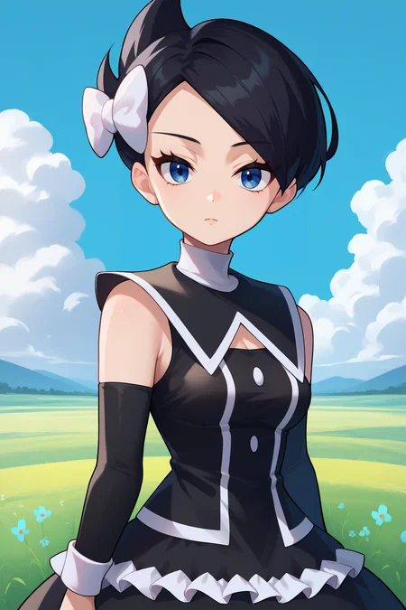 score_9, score_8_up, score_7_up, score_6_up, source_anime, 1girl, solo, <lora:pkmnmarley-pdxl-nvwls-v1-000006:1> pmMly, black hair, short hair, blue eyes, hair bow, white bow, black dress, clothing cutout, frilled dress, sleeveless, detached sleeves, black pantyhose, blue sky, field, medium breasts, looking at you, upper body