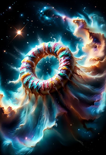 lazyup,score_9, score_8_up, score_7_up, d0nu71f13d, mad-nbla, scenery, nebula, cosmic galaxy made of transparent doughnut, nebula, by hubble, circle shaped stars,