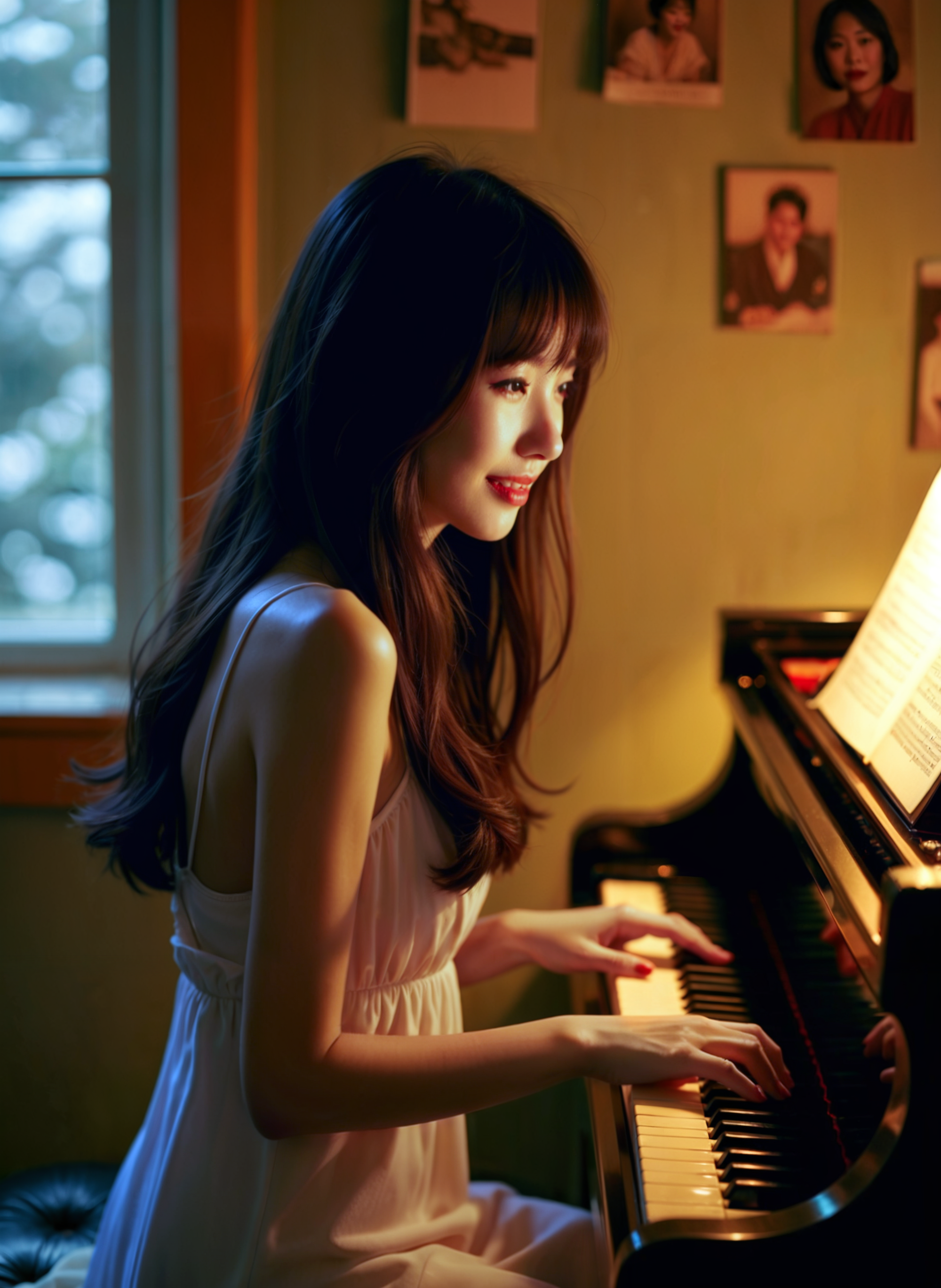 cinematic film still a young woman sitting at a piano in a room. She is wearing a white dress and has long dark hair that is styled in loose waves. The woman is playing the piano with her hands and appears to be focused on the music. There is a sheet of music on the piano and a window in the background with a view of trees outside. The room is dimly lit and there are several framed pictures hanging on the wall. The overall mood of the image is peaceful and serene. <lora:add-detail-xl:.5>  <lora:Flux-style-xl-lora:.5>