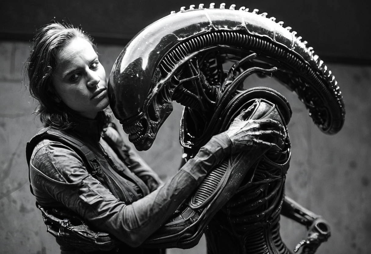 analog film photo dutch angle, close shot,  1girl and 1xenomorph,  spacesuit,( hugging:1.1), industrial background, sci-fi, serious expression, detailed, high contrast, looking at viewer, realistic, futuristic, spaceship interior, intricate machinery, standing pose, resilient, black and white, dramatic lighting, horror, suspense, alien creature, looming, tense atmosphere
,John Berkey Style page,FRESHIDEAS Dark RPG old-school style  <lora:RMSDXL_Creative:0.3>
<lora:20240625-1719322976670:1.3>    . faded film, desaturated, 35mm photo, grainy, vignette, vintage, Kodachrome, Lomography, stained, highly detailed, found footage, .score_9, score_8_up, score_7_up,score_6_up, rating_safe