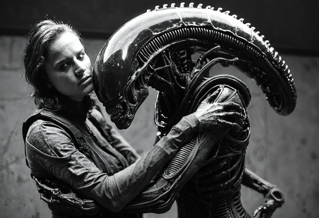 analog film photo dutch angle, close shot, 1girl and 1xenomorph, spacesuit,( hugging:1.1), industrial background, sci-fi, serious expression, detailed, high contrast, looking at viewer, realistic, futuristic, spaceship interior, intricate machinery, standing pose, resilient, black and white, dramatic lighting, horror, suspense, alien creature, looming, tense atmosphere
,John Berkey Style page,FRESHIDEAS Dark RPG old-school style <lora:RMSDXL_Creative:0.3>
<lora:20240625-1719322976670:1.3> . faded film, desaturated, 35mm photo, grainy, vignette, vintage, Kodachrome, Lomography, stained, highly detailed, found footage, .score_9, score_8_up, score_7_up,score_6_up, rating_safe