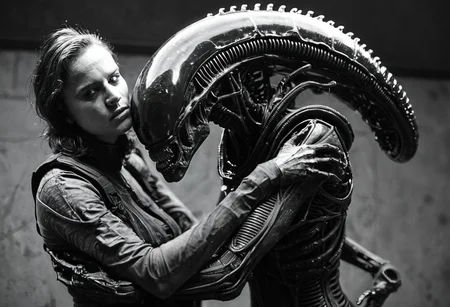 analog film photo dutch angle, close shot, 1girl and 1xenomorph, spacesuit,( hugging:1.1), industrial background, sci-fi, serious expression, detailed, high contrast, looking at viewer, realistic, futuristic, spaceship interior, intricate machinery, standing pose, resilient, black and white, dramatic lighting, horror, suspense, alien creature, looming, tense atmosphere
,John Berkey Style page,FRESHIDEAS Dark RPG old-school style <lora:RMSDXL_Creative:0.3>
<lora:20240625-1719322976670:1.3> . faded film, desaturated, 35mm photo, grainy, vignette, vintage, Kodachrome, Lomography, stained, highly detailed, found footage, .score_9, score_8_up, score_7_up,score_6_up, rating_safe