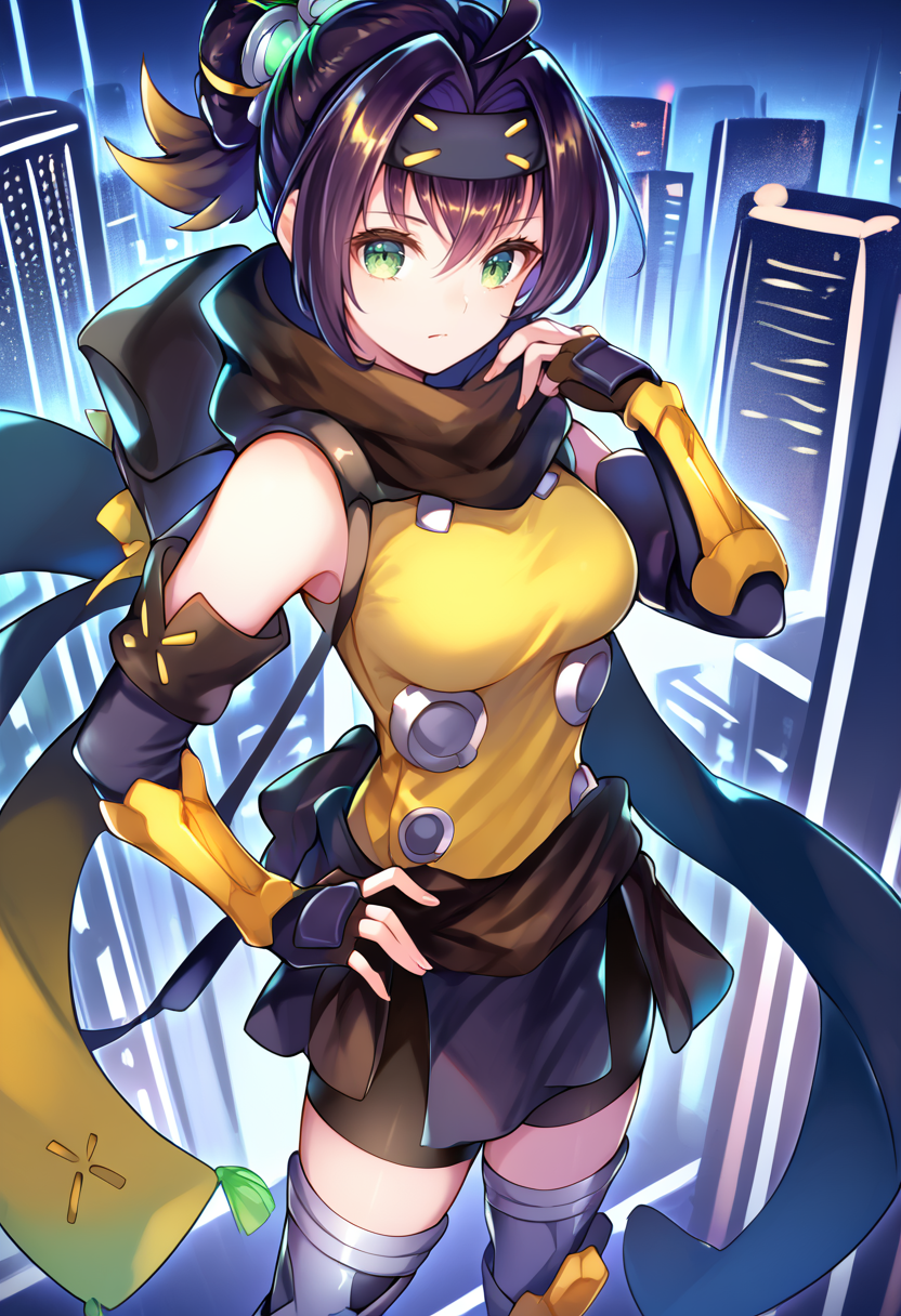 (score_9:0.9),score_8_up,score_7_up,anime style,rating_safe,(zPDXL),<lora:Sp little knight ponyXL v2:0.87>,Sp little knight,yellow clothes,black forehead protector,black fingerless elbow gloves,yellow thigh boots,silver hair ornament,1girl,solo,standing,holding,night,closed mouth,medium breasts,cityscape,hands on own hip,