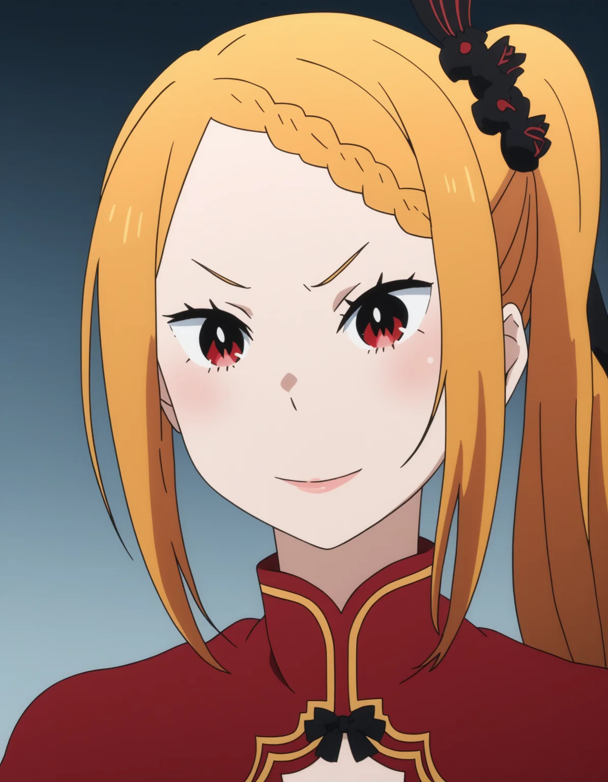 <lora:Priscilla_Barielle_ReZero:1>, red blonde hair, red eyes, priscilla barielle, red dress, solo focus, facing viewer, looking at viewer