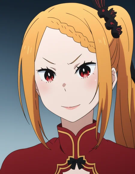 <lora:Priscilla_Barielle_ReZero:1>, red blonde hair, red eyes, priscilla barielle, red dress, solo focus, facing viewer, looking at viewer