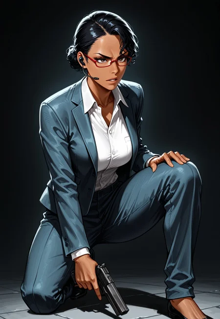 masterpiece, best quality, detailed, realistic, serious, parted lips, 1girl, solo, Hunniganrefour, dark-skinned female, black hair, curly hair, hair bun, red-framed eyewear, earpiece, suit jacket, collared shirt, pants, holding handgun, on one knee,