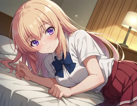 score_9, score_8_up, score_7_up, source_anime,
honamiichinose, <lora:honami-ichinose-s2-ponyxl-lora-nochekaiser:1>
honami ichinose, long hair, blonde hair, purple eyes, hair between eyes,
skirt, bow, school uniform, pleated skirt, bowtie, blue bow, red skirt, collared shirt, white shirt, short sleeves,
indoors, bed, bed room, on side, blush, drunk,
looking at viewer, dutch angle, cowboy shot