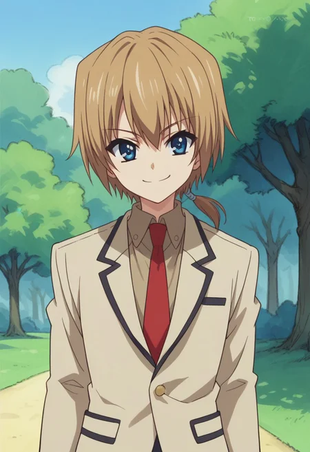 score_9, score_8_up, score_7_up, source_anime, highly detailed,
jironezu, solo, blue eyes, 1boy, school uniform, necktie, blonde hair, short hair, smile,
parody, blazer, red necktie, jacket, brown jacket, looking at viewer, ponytail,
outdoor,