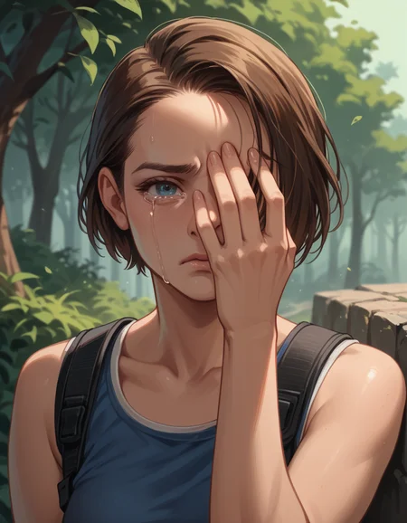 score_9, score_8_up, score_7_up, score_6_up, score_5_up, score_4_up, hud_illum1nat2, hand over eye, solo, 1girl, jill_valentine, outdoors <lora:hud_illum1nat2_XLP:0.6>, sad, crying