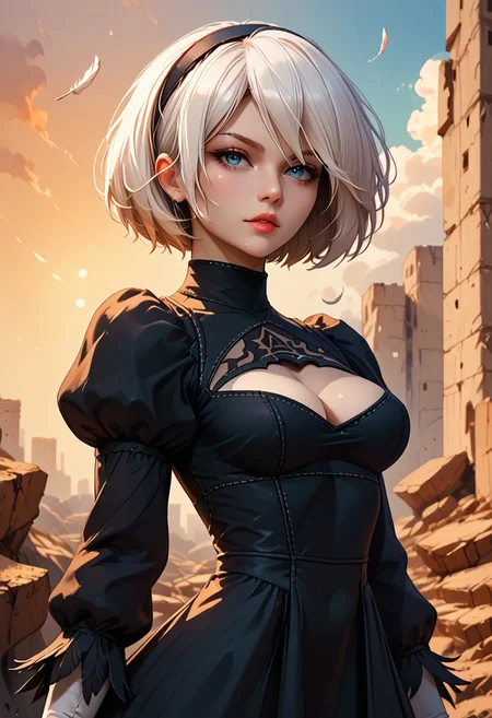 score_9, score_8_up, score_7_up, Portrait, yorha no. 2 type b, short white hair, black dress, hairband, clothing cutout, cleavage cutout, puffy sleeves, black hairband, feather-trimmed sleeves, juliet sleeves, mole under mouth, sunset, rubble in the background, 4n1v3rs3, depth of field, dynamic angle, fashion photography, sharp, hyperdetailed:1.15, freebos_smoothiestyle