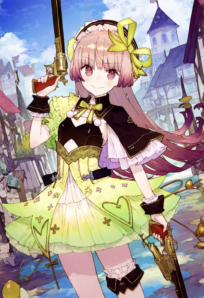 best quality,masterpiece,
noco_(adamas),yuugen,atelier_lydie_&_suelle, <lora:suelle_malen_il:0.8>suelle,suelle_malen,1girl, solo, holding weapon, holding 2guns,