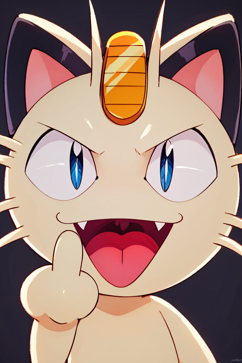 score_9, score_8_up, score_8,  ,,,  zzMeowth, smile, open mouth, blue eyes, simple background, smug, fangs, looking up, slit pupils, black background, meme, middle finger,  ,<lora:MeowthPokedexPDXL:1.0>,   ,,, ,,, embedding:zPDXL, Expressiveh, <lora:CatalystStylePDXL:0.6>,  <lora:SDXLFaeTastic2400:0.5>,  <lora:Expressive_H-000001:0.4>,