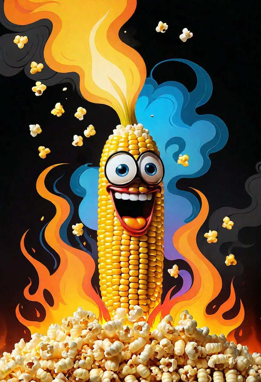 no humans, minimalism, cartoon, burning melting corn, horror, body horror, smile from ear to ear, corn kernels, popcorn, fire background, thick smoke, aesthetic, iridescent glare gradient, by Franklin Booth, surreal, composition, high image clarity