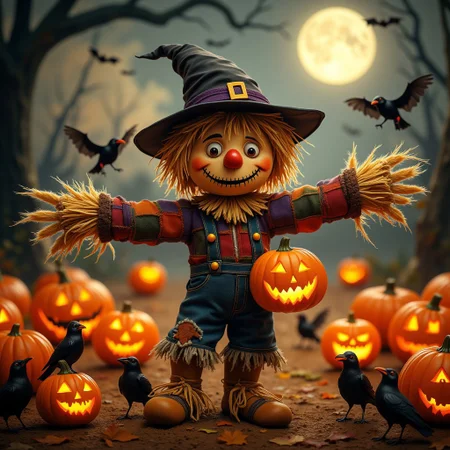 Create a humorous, Halloween-themed scene featuring a quirky scarecrow in a spooky pumpkin patch. The scarecrow has a goofy grin, mismatched clothes, and is wearing a silly witch hat that’s slightly too big. Its arms are outstretched in a friendly, welcoming pose, with one hand holding a pumpkin with a funny face carved into it. The background has eerie mist, glowing jack-o'-lanterns, and a full moon casting a playful light over the scene. The scarecrow is surrounded by small, curious crows wearing tiny Halloween costumes, like vampire capes and ghost sheets, adding to the playful atmosphere