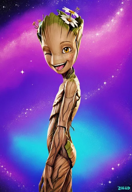 score_9, score_8_up, score_7_up, male, solo, groot2, young, skinny, flora fauna, made of wood, alien, noseless, amber eyes, smile, freckles, eyelids, wink, smile, flirty, open smile, tongue out, happy, expressive, standing, raised arms, perfect hands, (aged down, petite:1.2), slim, aged down, raised hands, double v, leaning forwards, (hip focus, cocked hip:1.2), null, side view, rear view, flower, sparkle, looking at viewer, one eye closed, winking, starry sky, (realistic, 3d:1.2), shading, psychedelic background, knock-kneed, rainbow colors, dynamic, masterpiece, extreme detail, zPDXL3, zPDXLrl, zPDXLpg