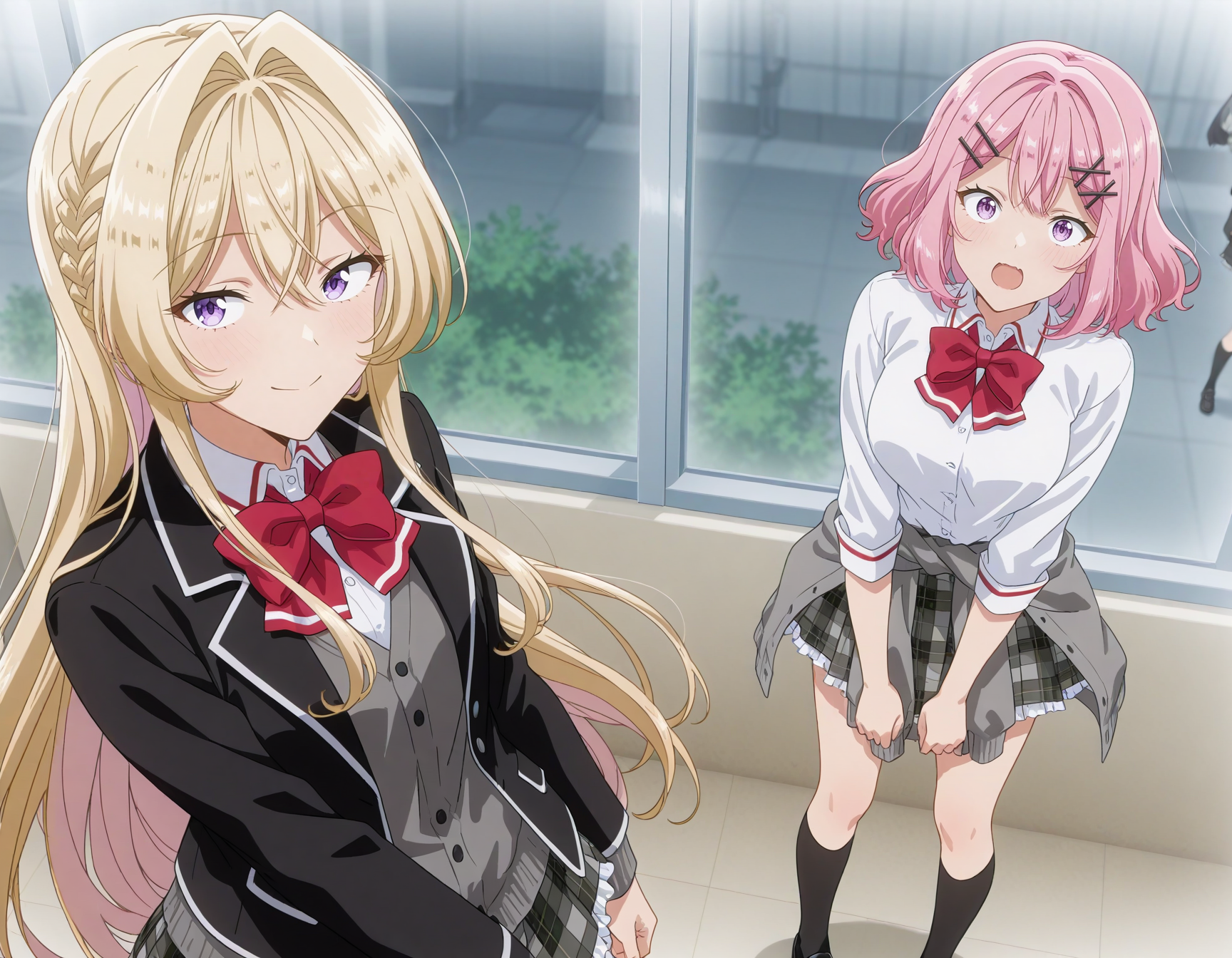 anime artwork (key:-1.5), <lora:Hyper-SDXL-8steps-lora:1>,(text:-1),(speech bubble:-1)
masterpiece,best quality,highres,source_anime,anime screencap,anime coloring,megami magazine,sidelighting,shiny luminous,shiny skin,
 <lora:watakoi_IL:1>
[SEP]
2girls, 
watakoi, ouduka_mai,  long hair, looking at viewer, blush, smile, blue eyes, 
shirt, skirt, blonde hair, long sleeves, bow, hair between eyes, closed mouth, very long hair, standing, jacket, school uniform, white shirt, braid, sidelocks, pantyhose, pleated skirt, open clothes, shoes, collared shirt, bowtie, black footwear, open jacket, red bow, black jacket, black pantyhose, plaid, hair intakes, plaid skirt, cardigan, blazer, 
red bowtie, loafers, french braid, grey cardigan,
[SEP]
2girls, 
watakoi, amaori_renako, breasts, looking at viewer, blush, open mouth, short hair, 
shirt, skirt, long sleeves, hair ornament, bow, standing, school uniform, purple eyes, white shirt,pink hair, shoes, socks, hairclip, bowtie, black footwear, red bow, plaid, kneehighs, plaid skirt, black socks, x hair ornament,
 loafers, clothes around waist,
 . anime style, key visual, vibrant, studio anime,  highly detailed