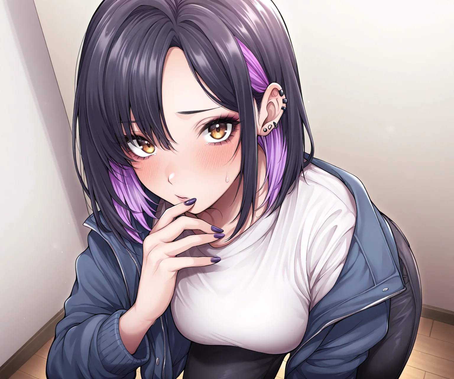 masterpiece, best quality, amazing quality, 1girl, solo, shirt, jacket, pants, looking at viewer, two-tone hair, black hair, purple hair, mascara, ear piercing, nail polish, sfw, <lora:Yawano Yawa ILL-v2:1> yawano_yawa