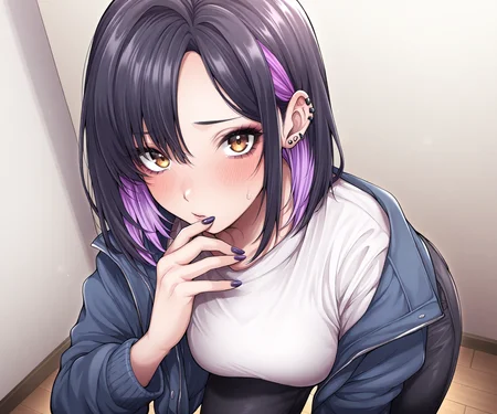 masterpiece, best quality, amazing quality, 1girl, solo, shirt, jacket, pants, looking at viewer, two-tone hair, black hair, purple hair, mascara, ear piercing, nail polish, sfw, <lora:Yawano Yawa ILL-v2:1> yawano_yawa