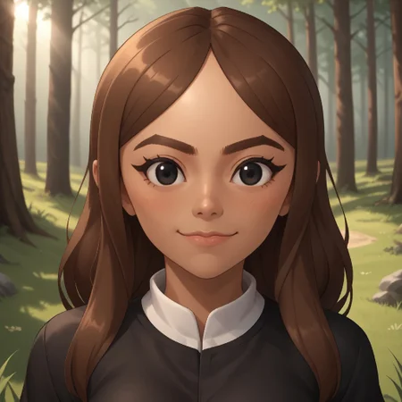 score_9, score_8, BREAK, solo, mii, wii, wii sports, female mii, 1girl, brown hair, black eyes, brown eyebrows, dark skin, blush, black clothing, black pants, sandals, breasts, cute, Chika_(Wii_Sports), nintendo mii, modern_mii, classic_mii, sexy pose, smile, outdoors, sunlight, shadows, evening lighting, natural lighting, forest, trees, grass, orange sky, sunset