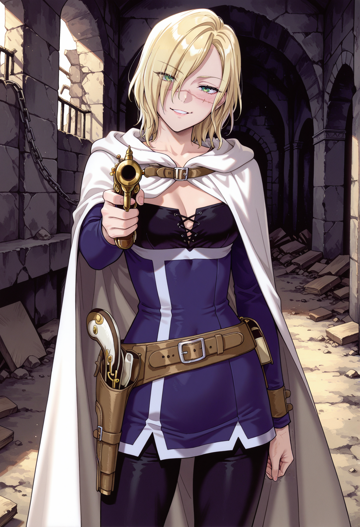 1girl, blonde hair, short hair, green eyes, eyes visible through hair, hair over one eye, scar on face, short dress, black leggings, belt, holster, cape, standing, solo, holding flintlock, aiming at viewer, indoors, dungeon, ruins, smirk, head tilt,  <lora:elza_illustrious:1>, masterpiece, best quality, amazing quality, very aesthetic, absurdres, highres, newest